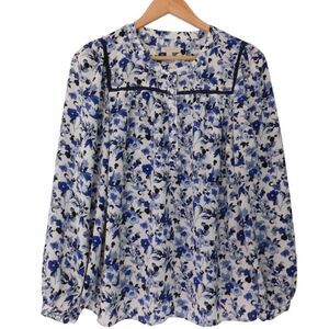 Talbots Popover Blouse White Blue Floral Long Sleeve Classic Sz Petite Large LP